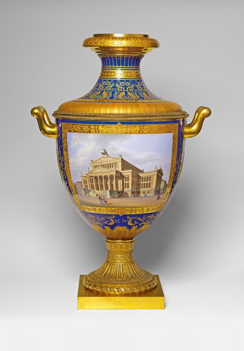 
    Königliche Porzellanmanufaktur Berlin KPM, 1830s, the gold decor attributed to Johann HeinricA Berlin KPM porcelain Munich form vase no. 3 with two handles, Auction 1084, Lot 449
