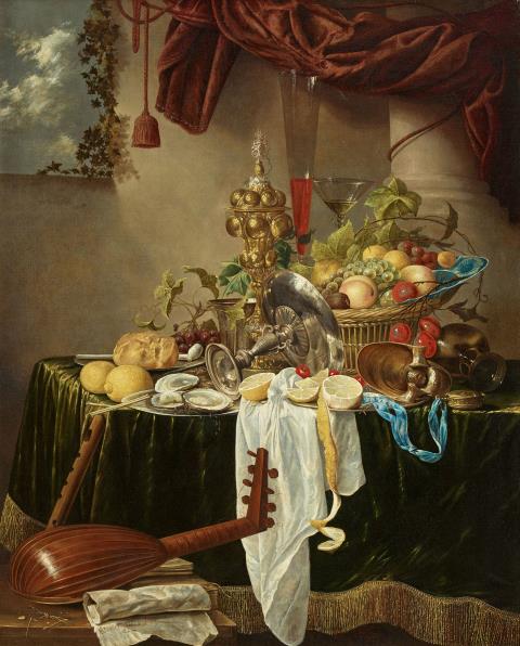 
    
            
                    Jan Davidsz. de Heem - An opulent still life featuring silverware, a Wanli bowl of fruit, oysters on a silver plate, and a lute in the foreground
                
        
