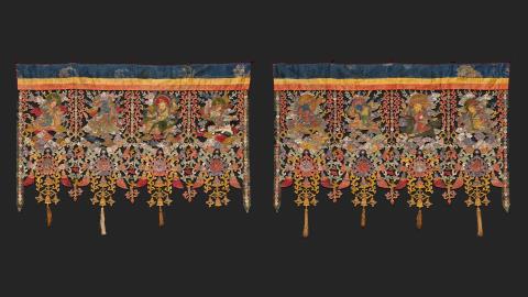 
    
            
                    An extraordinary pair of Tibetan silk brocade appliqué temple hangings. Around 1900
                
        
