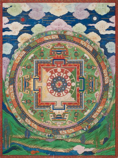 
    
            
                    An important imperial 21st Chakrasamvara 62-deity mandala from the Vajravali compendium. Distemper and gold on cotton. Qianlong Period, mid-18th century
                
        
