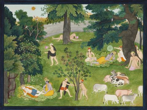 
    
            
                    Krishna and Balarama receiving foot massage during an afternoon break. Opaque pigments and gold on paper. Punjab Hills, Himachal Pradesh, Kangra. End of 18th century
                
        
