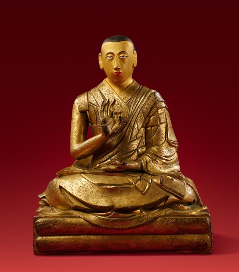 
    
            
                    An important Tibetan fire-gilt copper alloy figure of a lama, probably Lobsang Yeshe, the 5th Panchen Lama. 18th century
                
        
